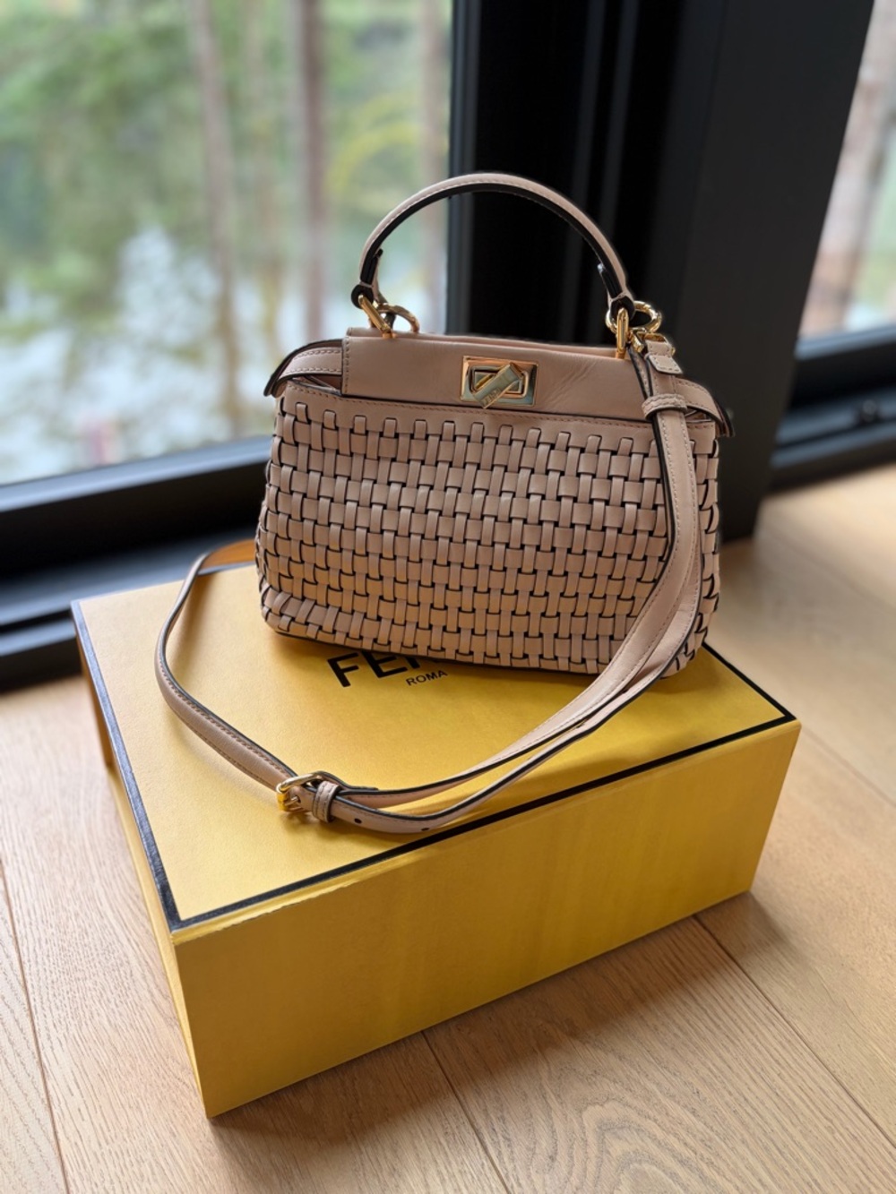 Fendi Beige Woven Peekaboo Bag with Gold Hardware